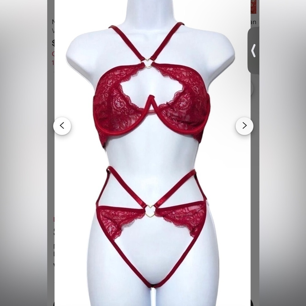 NWT Fredericks of Hollywood Red Lovers Floral Lace Bra & Thong Panty 2pc